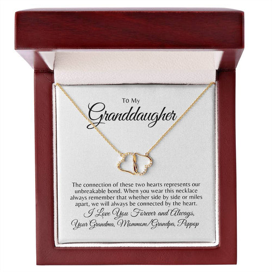 GRANDDAUGHTER 10K GOLD with pave set DAIMONDS DOUBLE HEART PENDANT with NECKLACE (PERSONALIZE GIVER e.g., GRANDMA/MOMMOM/GRANDPA/POPPOP)