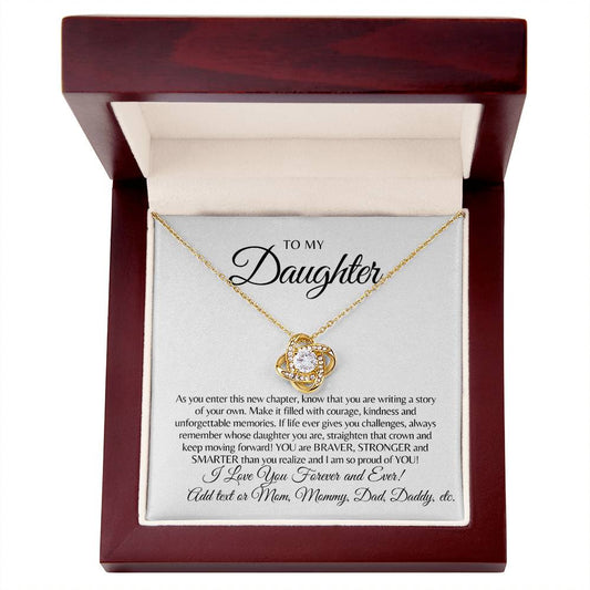 Daughter Love Knot Necklace - White or Yellow Gold Finish (Add text and/or Personalize message)
